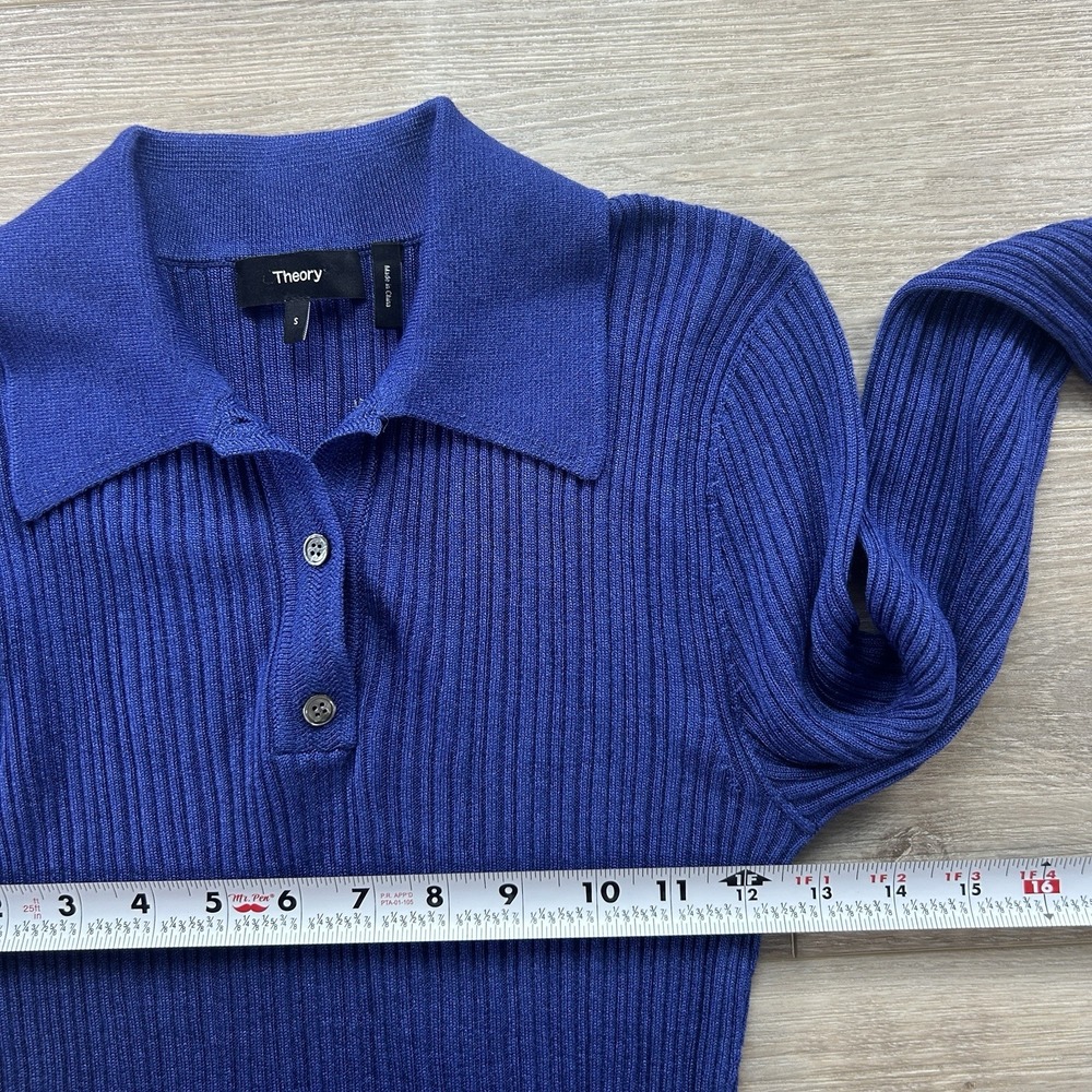 Theory Ribbed Polo Sweater Womens Small Blue Long Sleeve Knit Top Raglan - Picture 8 of 11